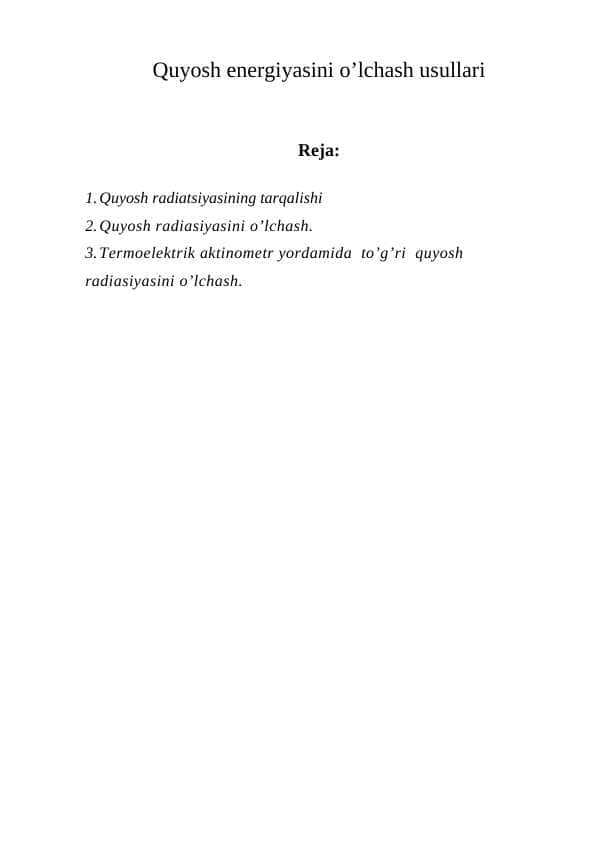 Quyosh energiyasini o’lchash usullari