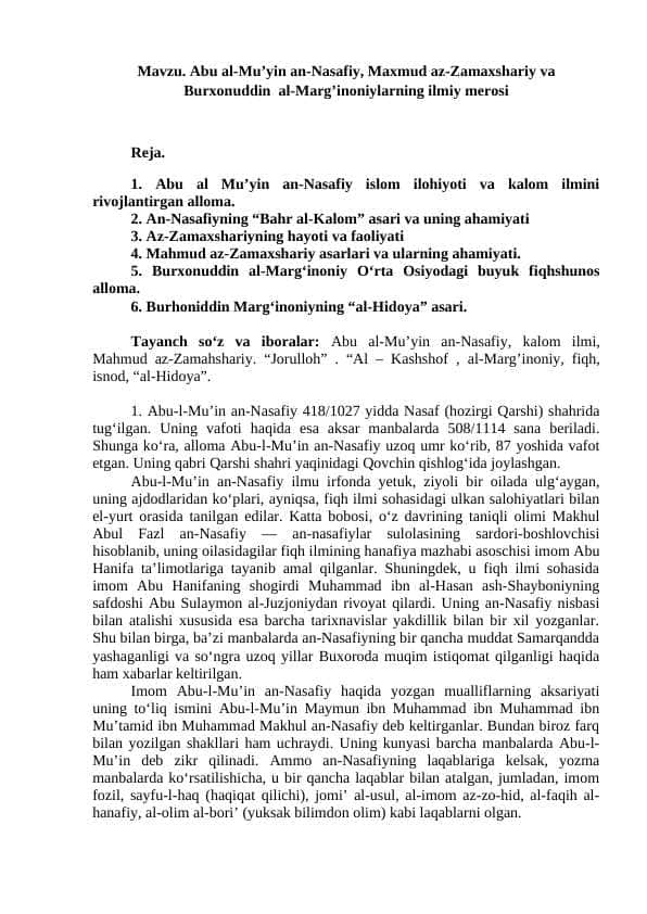 Abu al-Mu’yin an-Nasafiy, Maxmud az-Zamaxshariy va Burxonuddin al-Marg’inoniylarning ilmiy merosi