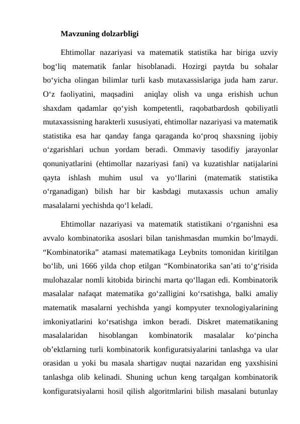 KOMBINATORIKA ASOSLARI Kombinatorik masalalar va tartiblangan to‘plamlar.