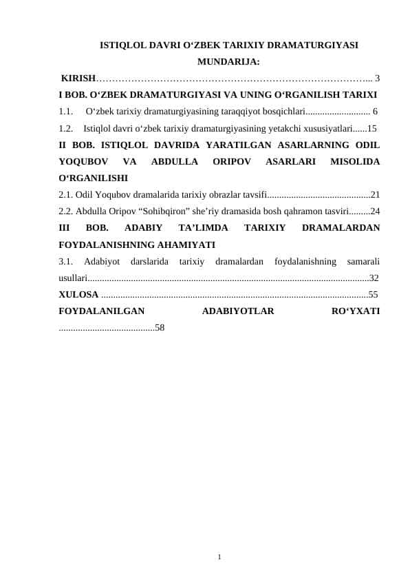 ISTIQLOL DAVRI O‘ZBEK TARIXIY DRAMATURGIYASI