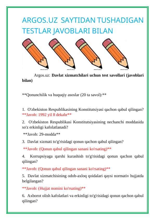 Argos test, javoblari bilan... . Davlat xizmatchisi 2024-2025