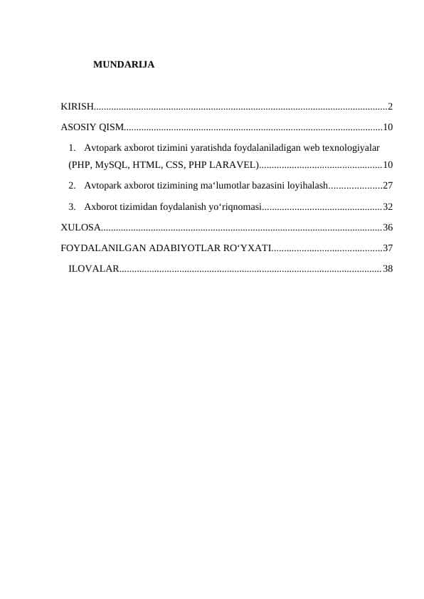 Avtopark axborot tizimini yaratishda foydalaniladigan web texnologiyalar (PHP, MySQL, HTML, CSS, PHP LARAVEL)