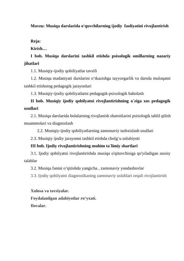 Musiqa darslarida o'quvchilarning ijodiy faoliyatini rivojlantirish