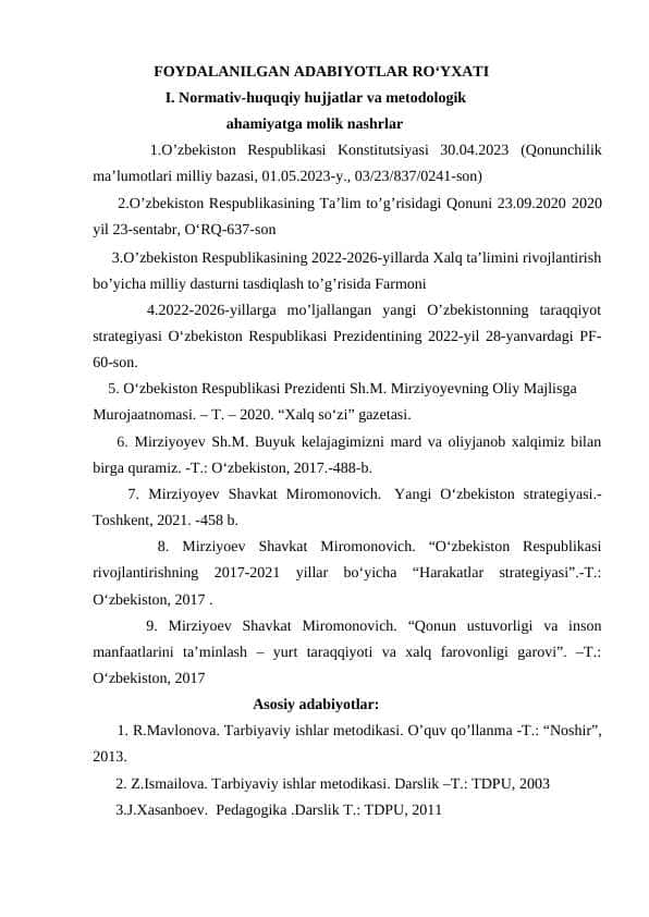 Adabiyotlar roʻyxati Tarbiyaviy ishlar metodikasi