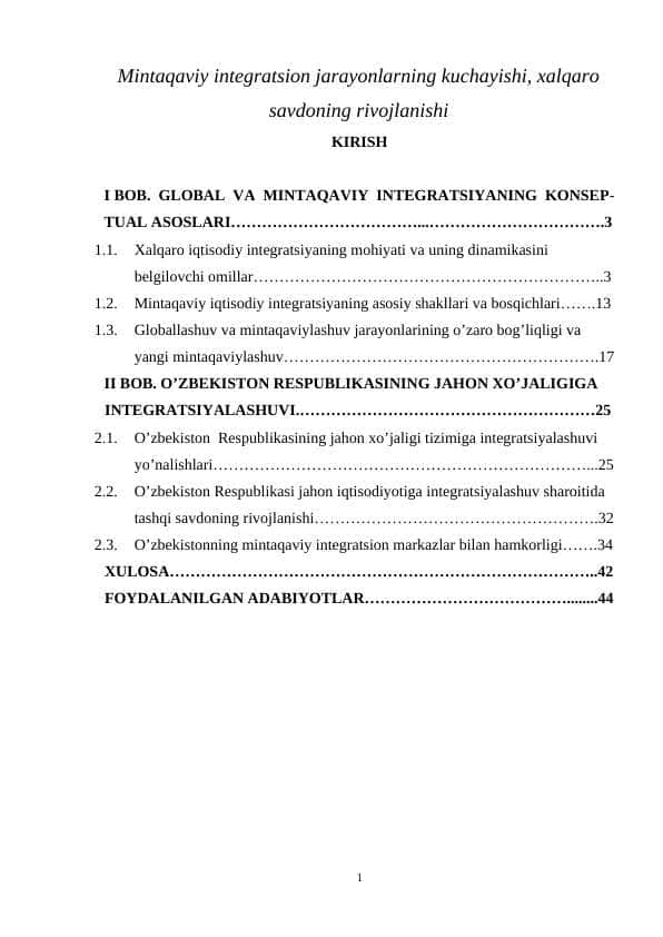 Mintaqaviy integratsion jarayonlarning kuchayishi, xalqaro savdoning rivojlanishi