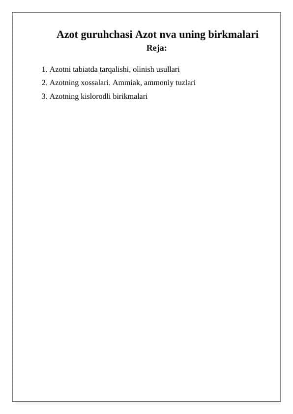 Azot guruhchasi Azot nva uning birkmalari