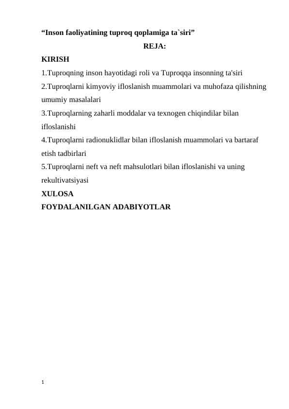 “Inson faoliyatining tuproq qoplamiga ta`siri”