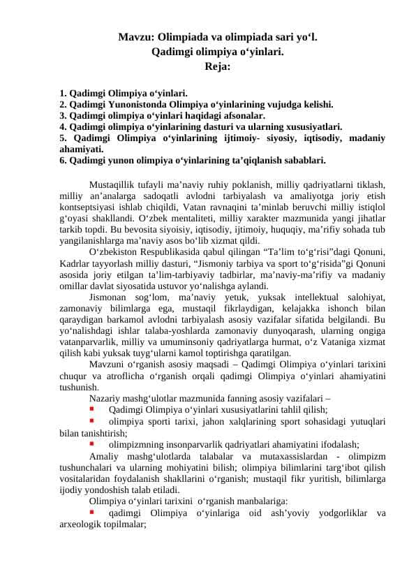 Olimpiada va olimpiada sari yo‘l. Qadimgi olimpiya o‘yinlari.