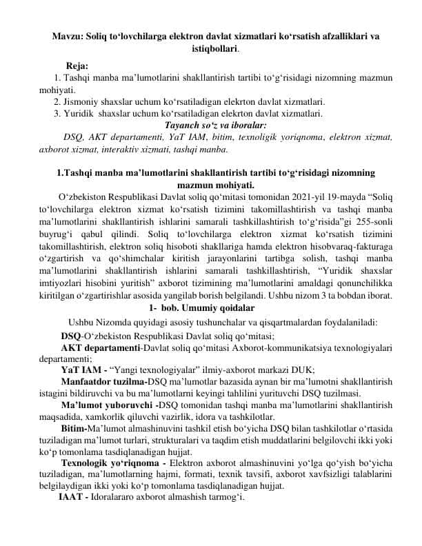 Soliq to‘lovchilarga elektron davlat xizmatlari ko‘rsatish afzalliklari va istiqbollari.