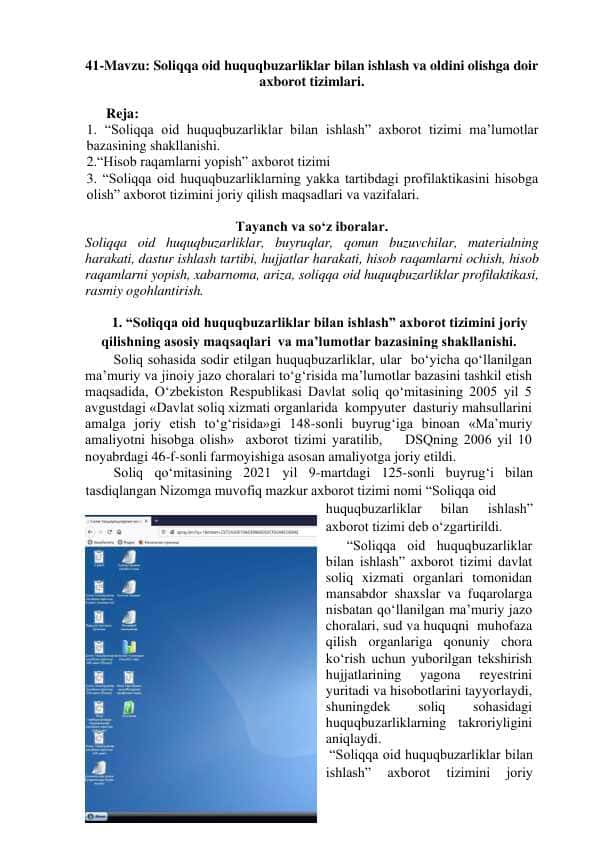 Soliqqa oid huquqbuzarliklar bilan ishlash va oldini olishga doir axborot tizimlari.