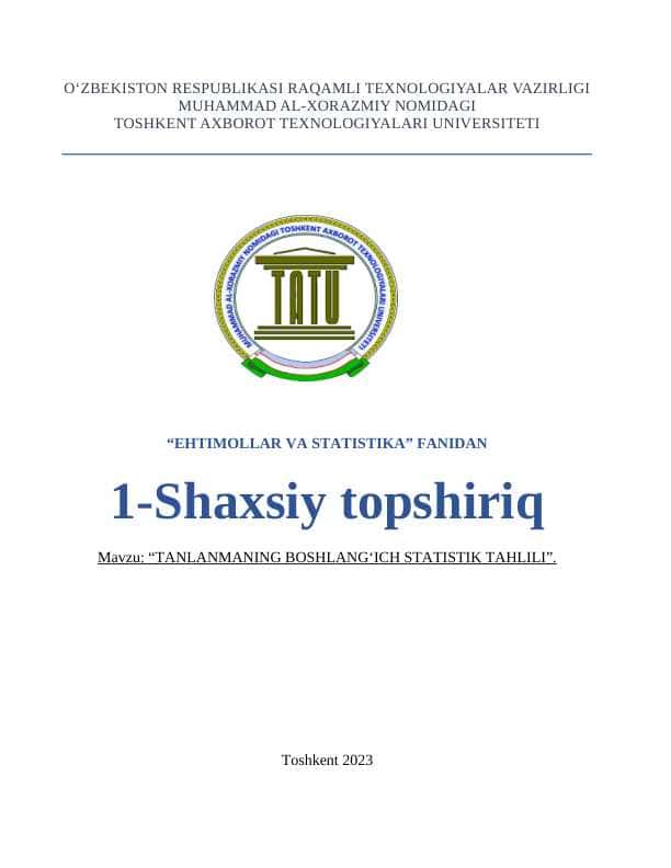 TANLANMANING BOSHLANGʻICH STATISTIK TAHLILI