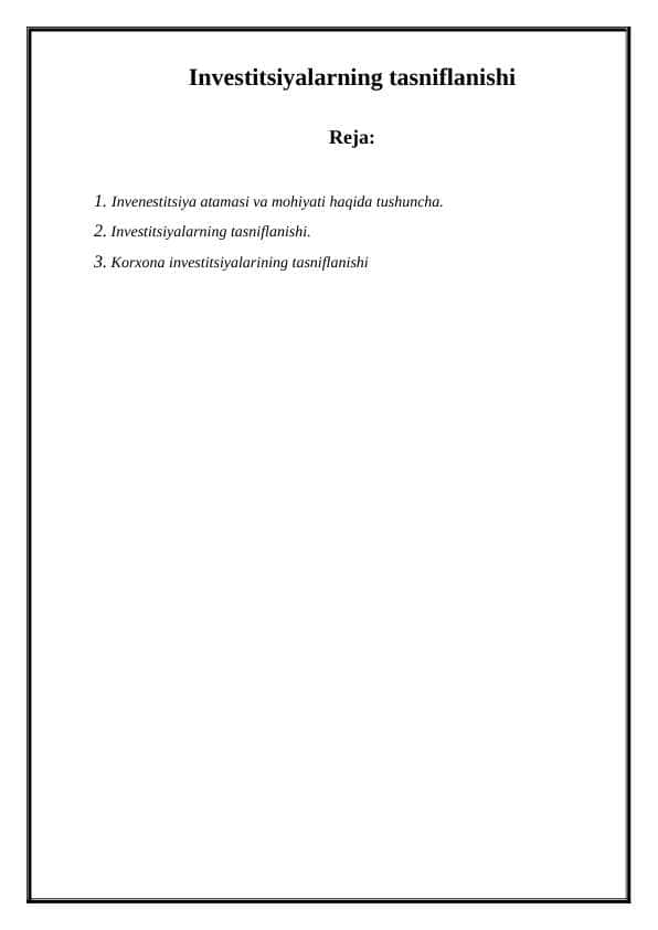 Investitsiyalarning tasniflanishi