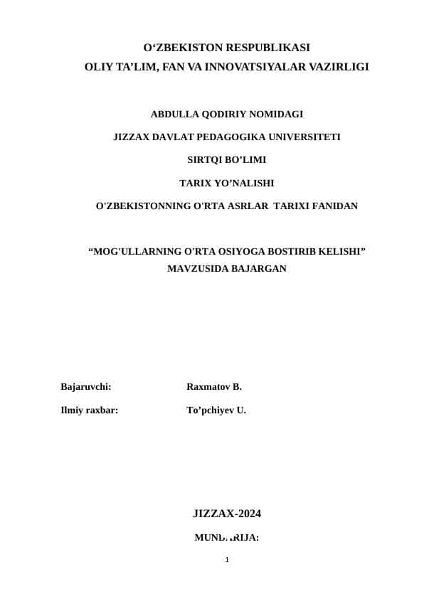 MOG'ULLARNING O'RTA OSIYOGA BOSTIRIB KELISHI