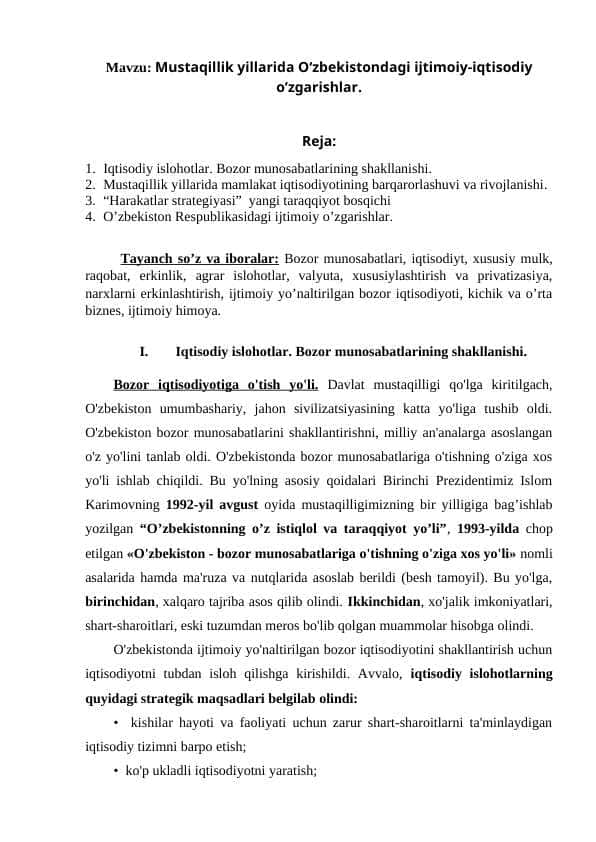 Mustaqillik yillarida O‘zbekistondagi ijtimoiy-iqtisodiy o‘zgarishlar