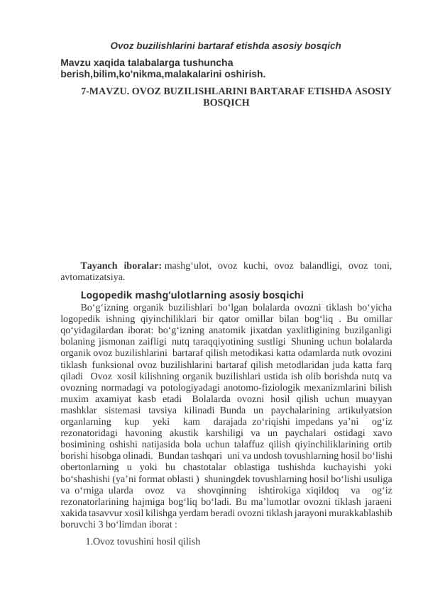 Ovoz buzilishlarini bartaraf etishda asosiy bosqich