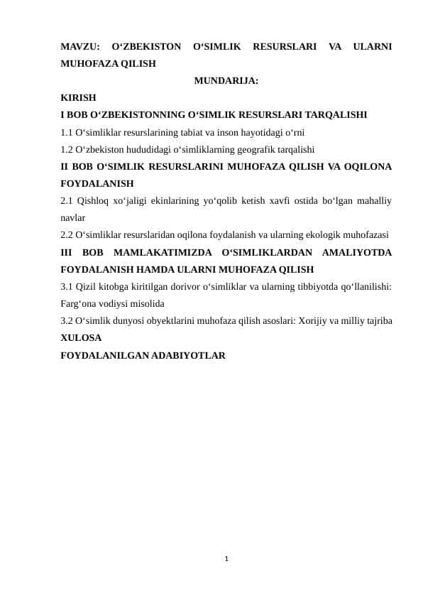 O‘zbekiston o‘simlik resurslari va ularni muhofaza qilish