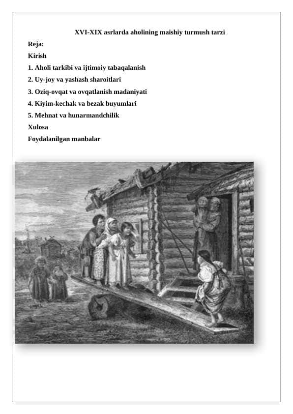 XVI-XIX asrlarda aholining maishiy turmush tarzi