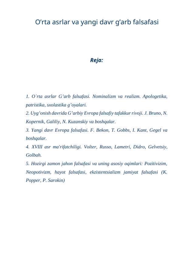 O’rta asrlar va yangi davr g’arb falsafasi