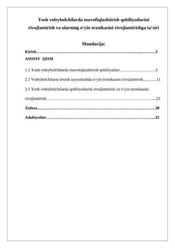 Yosh voleybolchilarni texnik tayyorlash usullari va ularni takomillashtirish yo‘llarini o‘rganish1