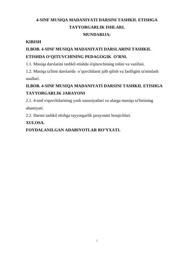 4-SINF MUSIQA MADANIYATI DARSINI TASHKIL ETISHGA TAYYORGARLIK ISHLARI