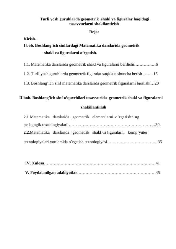 Turli yosh guruhlarda geometrik shakl va figuralar haqidagi tasavvurlarni shakllantirish