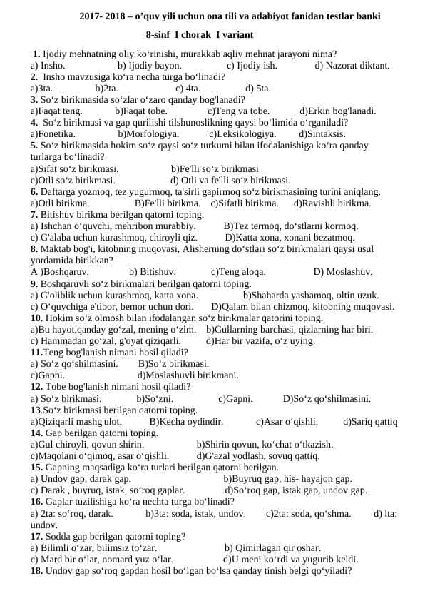 8-sinf ona tili fanidan testlar banki