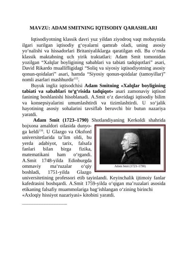 ADAM SMITNING IQTISODIY QARASHLARI