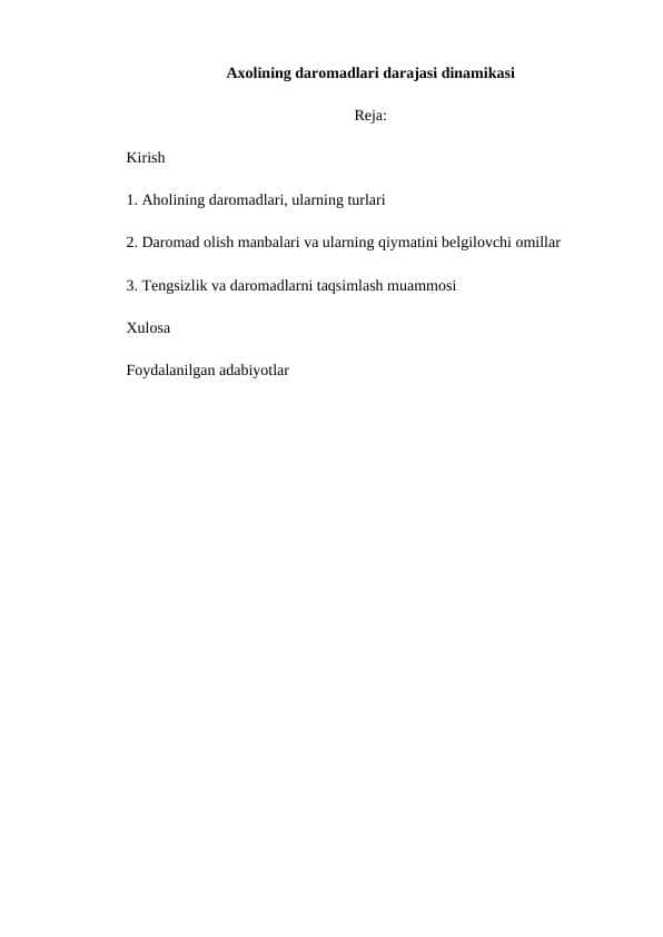 Axolining daromadlari darajasi dinamikasi