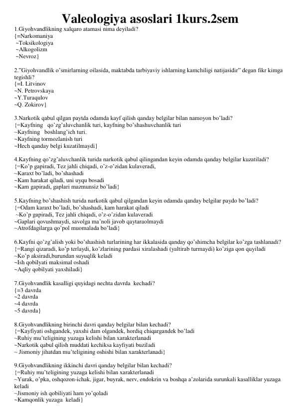 Valeologiya asoslari fanidan test javoblari bilan