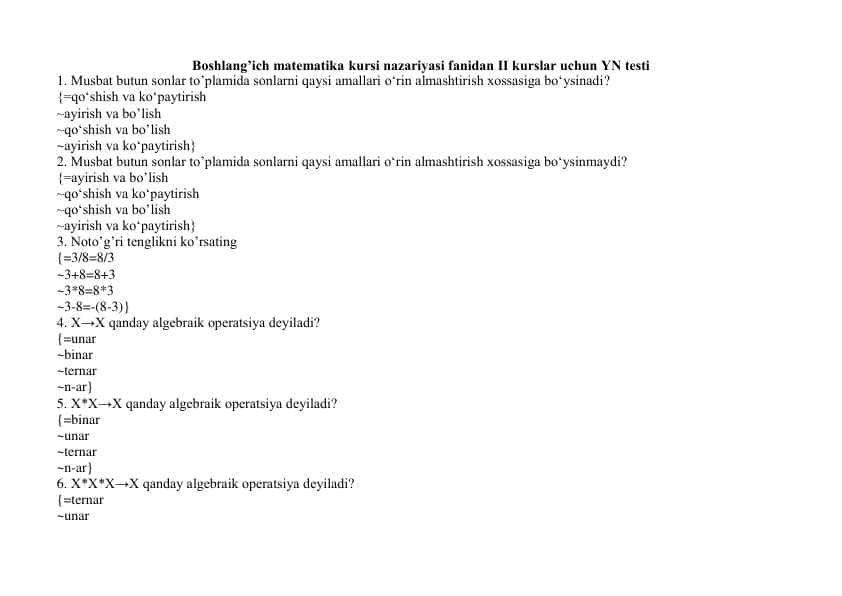 Boshlang'ich Matematika nazariyasi test javobi bilan