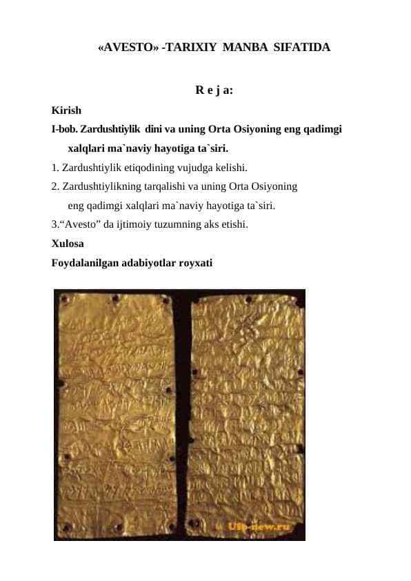 «AVESTO» -TARIXIY MANBA SIFATIDA
