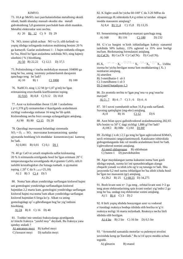 Kimyodan 108 talik test javobi bilan