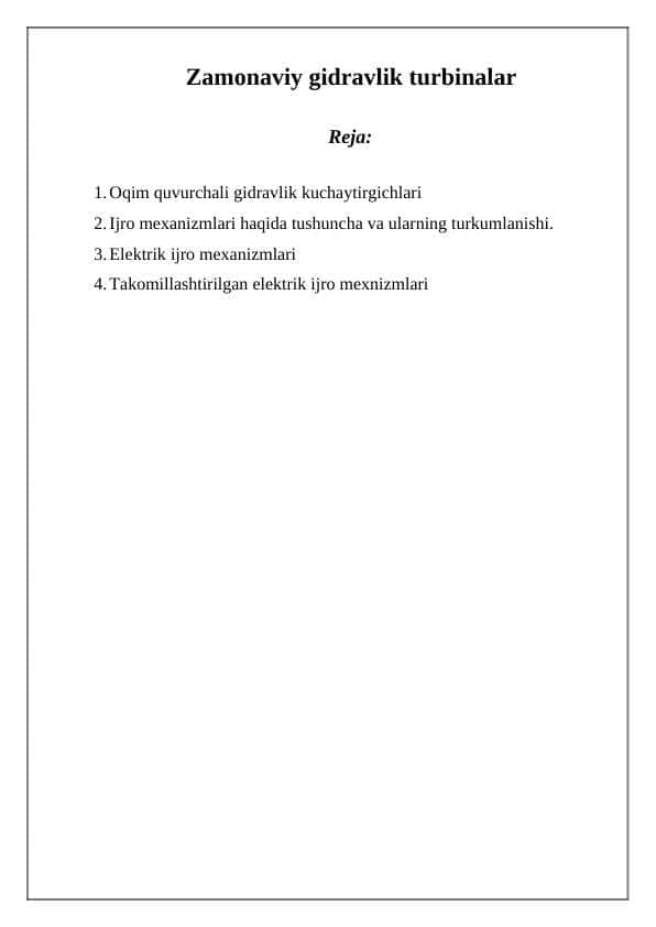 Zamonaviy gidravlik turbinalar