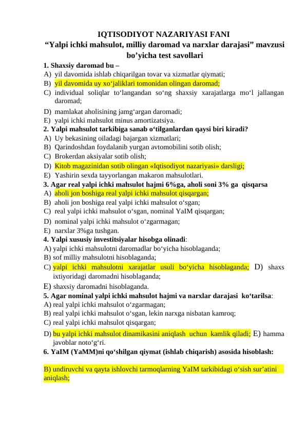 Iqtisodiyot nazariyasi fanidan yakuniy nazorat test savollari va javoblari.