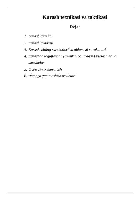 Kurash texnikasi va taktikasi