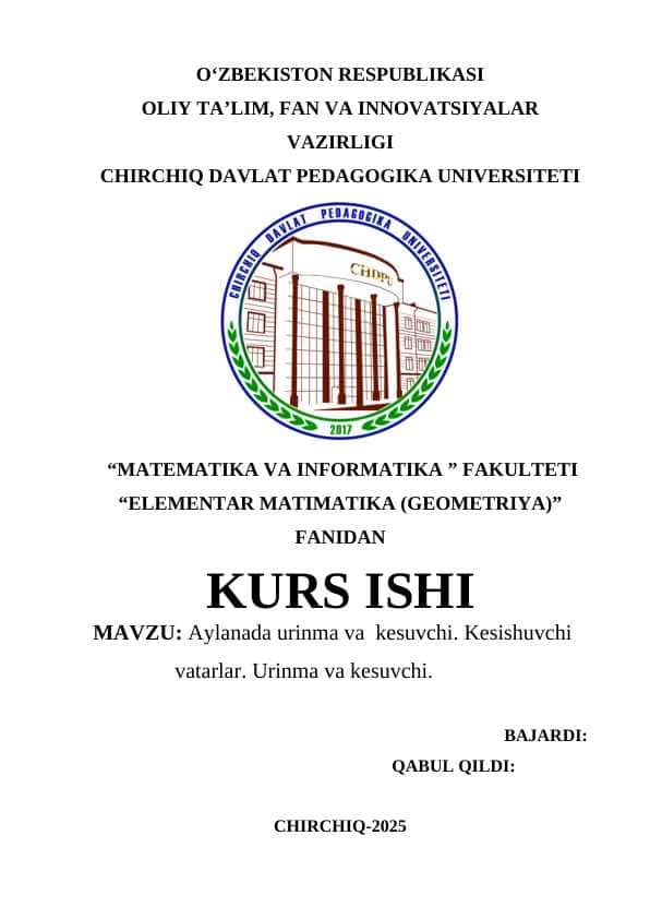 Aylanada urinma va kesuvchi. Kesishuvchi vatarlar. Urinma va kesuvchi.
