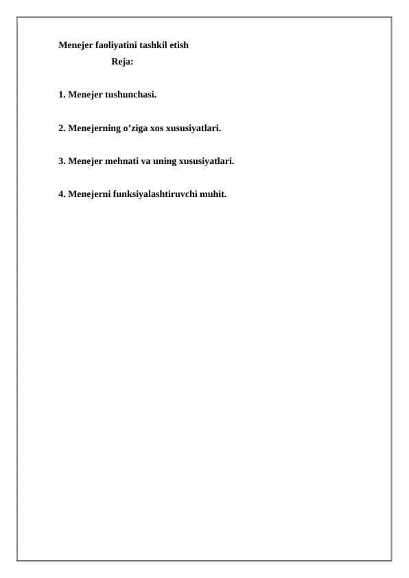 Menejer faoliyatini tashkil etish