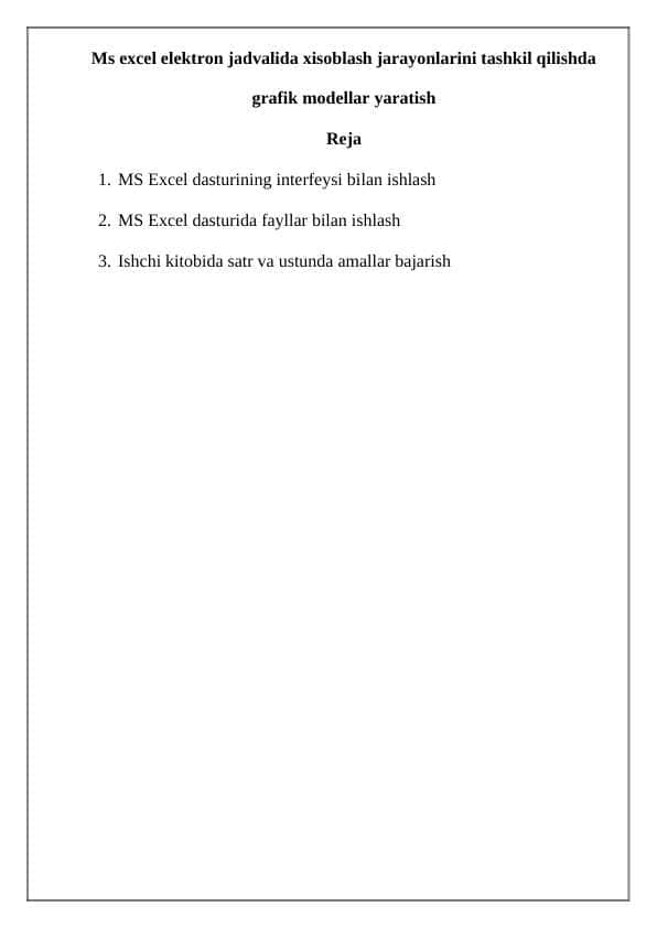 Ms excel elektron jadvalida xisoblash jarayonlarini tashkil qilishda grafik modellar yaratish