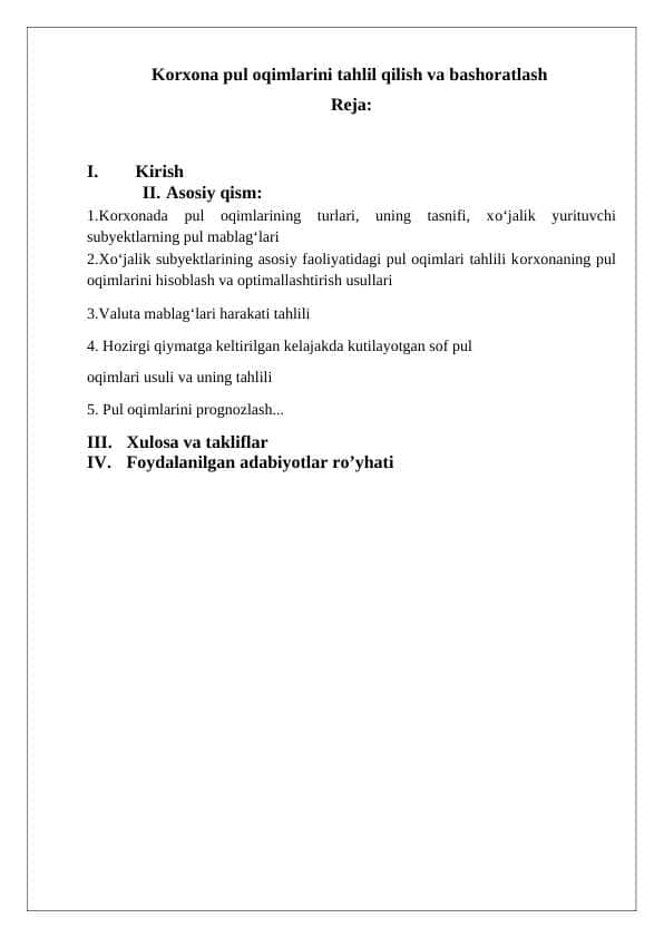Korxona pul oqimlarini tahlil qilish va bashoratlash