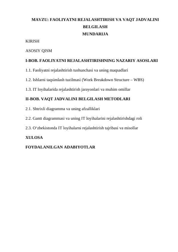 FAOLIYATNI REJALASHTIRISH VA VAQT JADVALINI BELGILASH