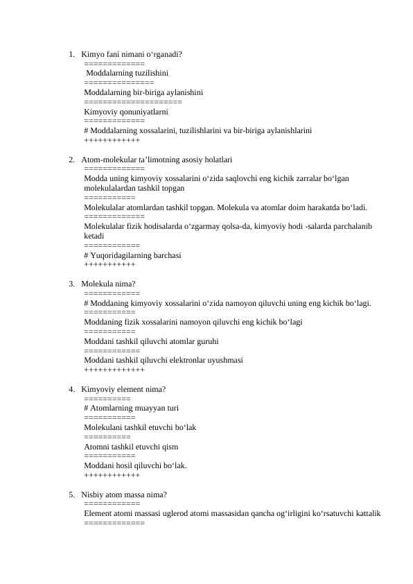 Kimyo testlar