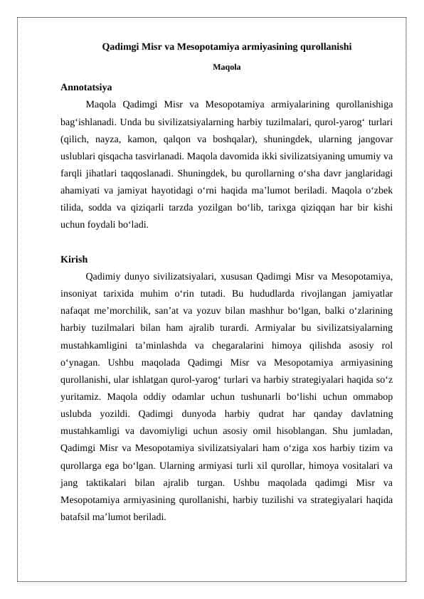 Qadimgi Misr va Mesopotamiya armiyasining qurollanishi maqola