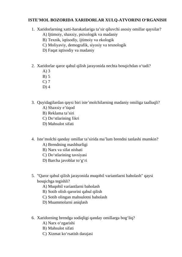 ISTE'MOL BOZORIDA XARIDORLAR XULQ-ATVORINI O‘RGANISH