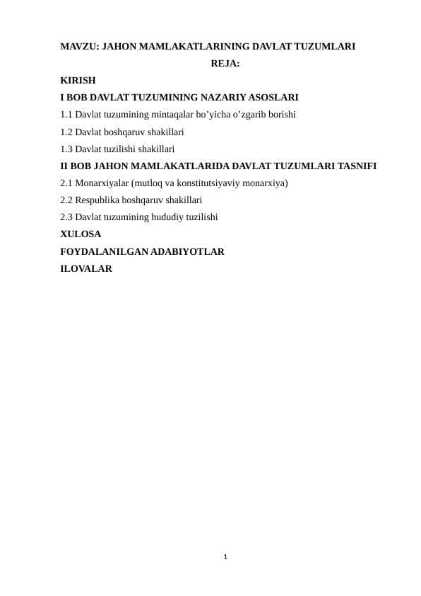 Jahon mamlakatlarining davlat tuzumlari