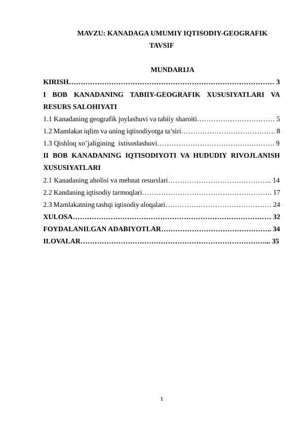 Kanadaga umumiy iqtisodiy-geografik tavsif