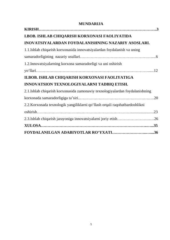 ISHLAB CHIQARISH KORXONASI FAOLIYATIDA INOVATSIYALARDAN FOYDALANISH