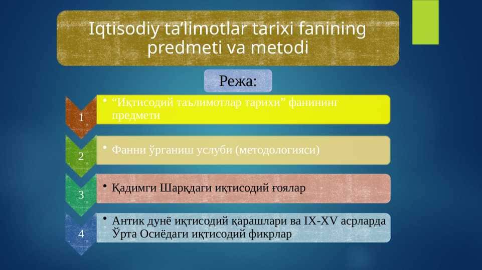 IQTISODIY TA`LIMOTLAR TARIXI FANINING PREDMETI VA METODI