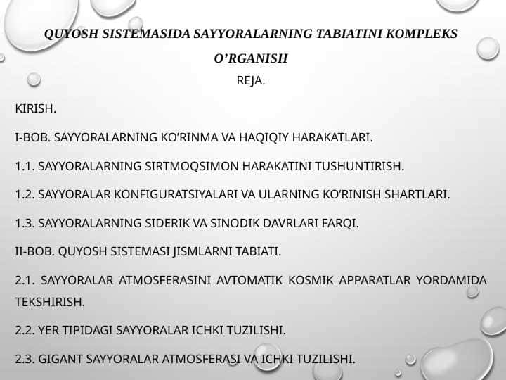 QUYOSH SISTEMASIDA SAYYORALARNING TABIATINI KOMPLEKS O’RGANISH