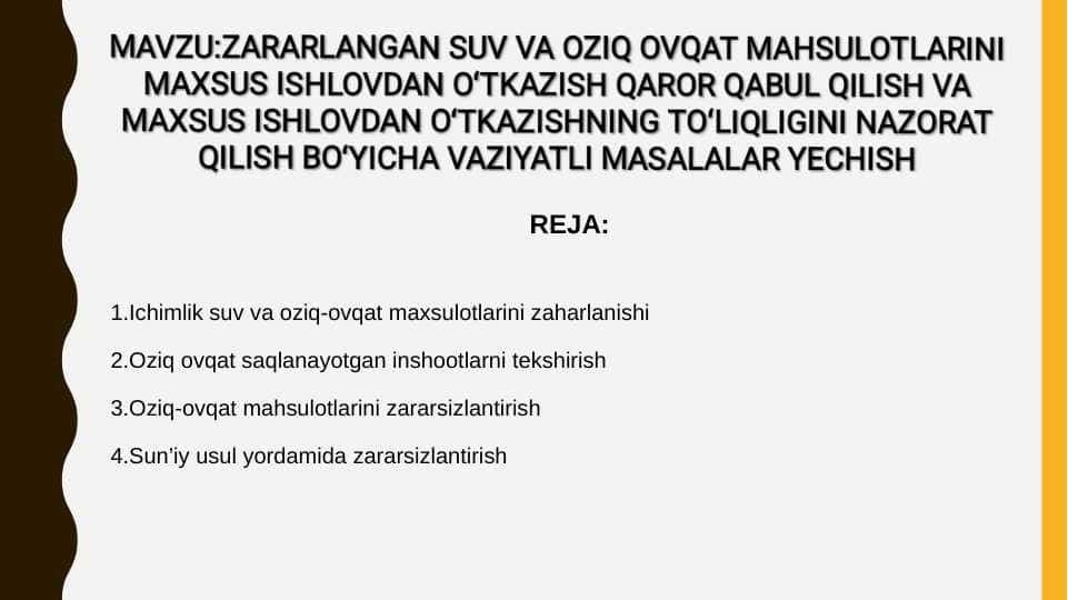 ZARARLANGAN SUV VA OZIQ OVQAT MAHSULOTLARINI MAXSUS ISHLOVDAN O`TKAZISH QAROR QABUL QILISH VA MAXSUS ISHLOVDAN O`TKAZISHNING TO`LIQLIGINI NAZORAT QILISH BO`YICHA VAZIYATLI MASALALAR YECHISH