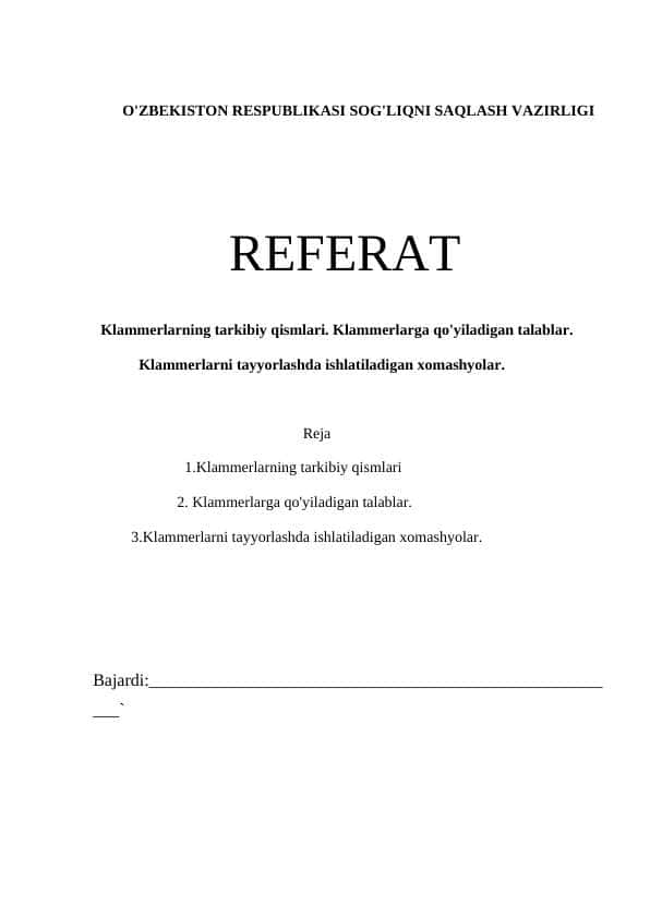 Klammerlarning tarkibiy qismlari. Klammerlarga qo'yiladigan talablar.
Klammerlarni tayyorlashda ishlatiladigan xomashyolar.